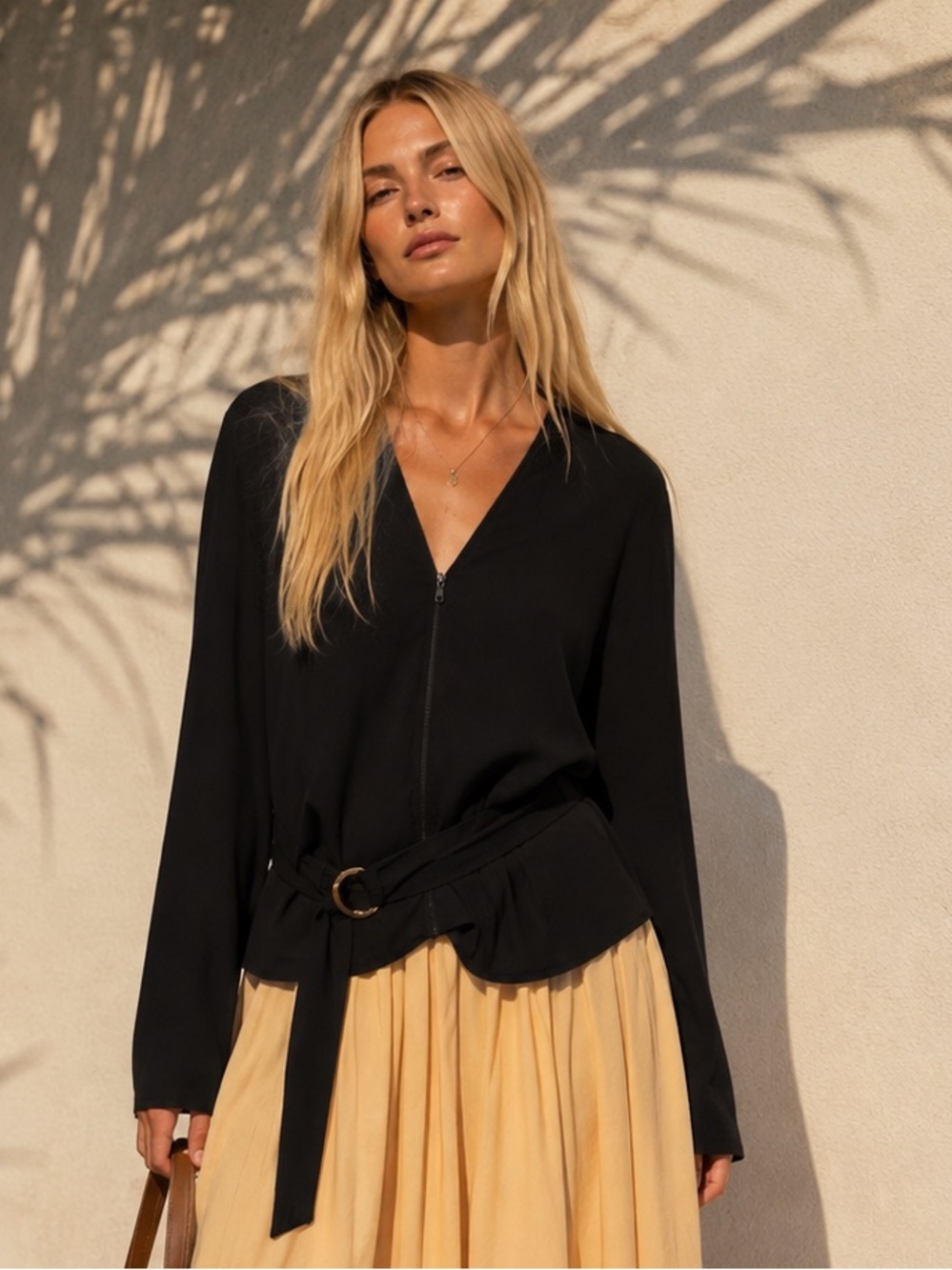 QUE Black Silk & Viscose Belted Draped Jacket